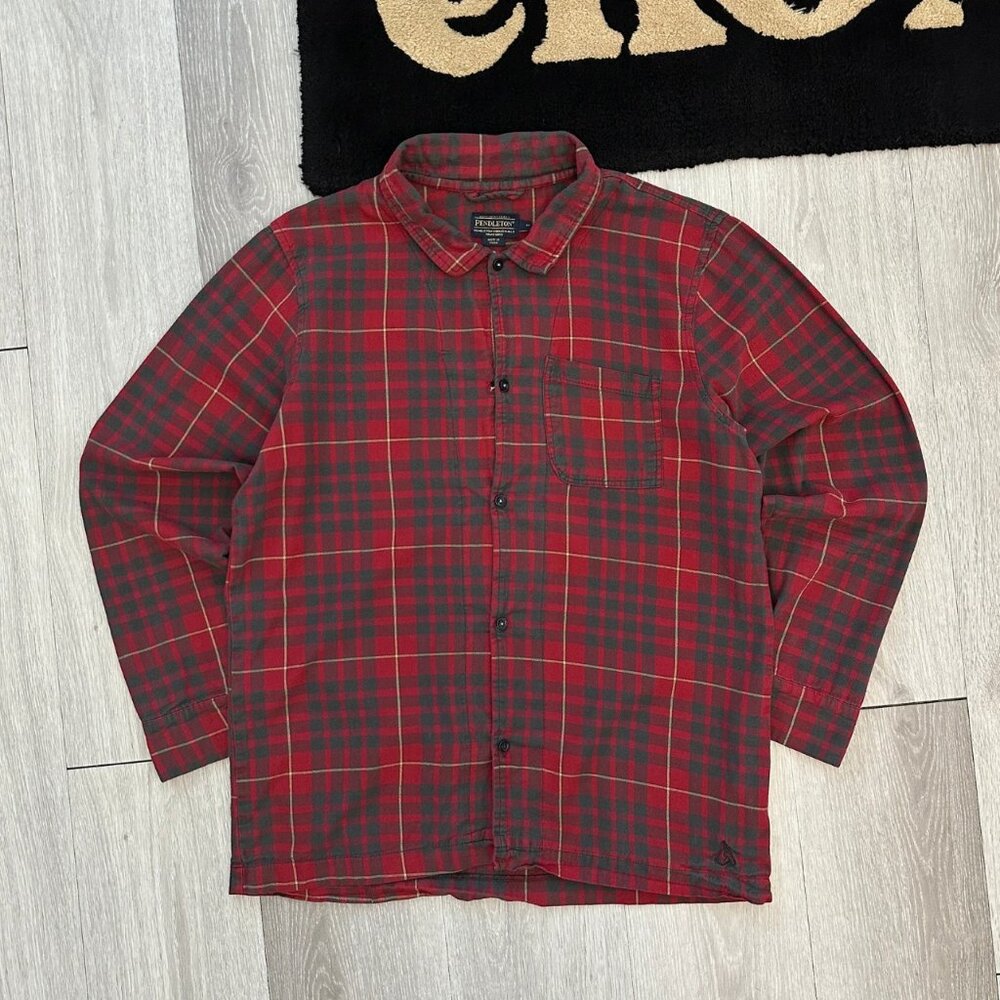 Vintage Pendleton Men's Faded Red/Black Plaid Flannel Button-Up Shirt - Medium